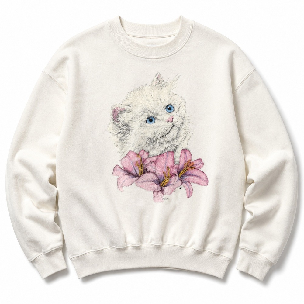 Vtg White Kitten Pink Lilies Graphic Crewneck Sweatshirt Retro Cat Meow Granny